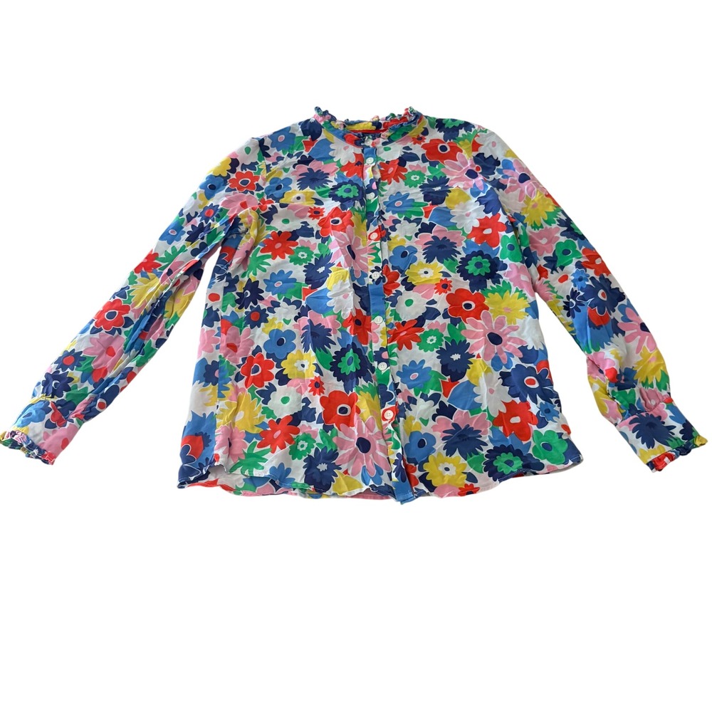 Boden 100% Silk Floral Blouse Multicolored Ruffle Collar Button Down top Sz 6